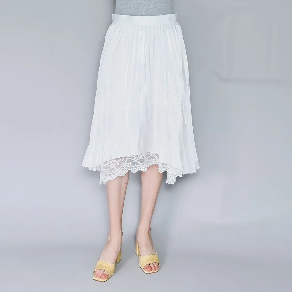 CALVIN LUO Lace Hem White Satin Pleated Skirt NWT L - Picture 1 of 7